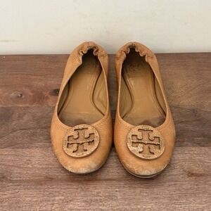 Tory Burch Reva‎ Ballet Flats Leather Tan Camel Slip On Shoes Women's 7.5